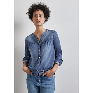 STREET ONE DENIMRUFFLE BLOUSE,MID BLUE<br>Jean