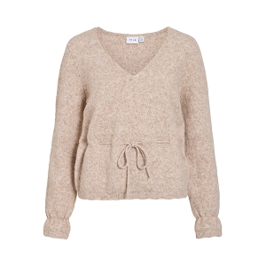 VILA VICHAMBLIN VNECK LS STRING KNIT TOP<br>Beige