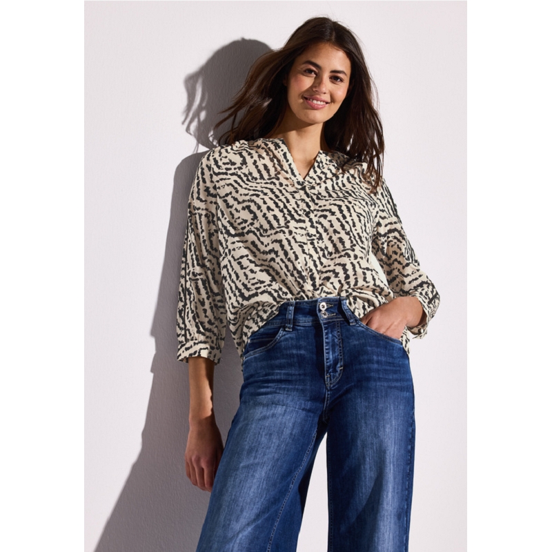 Street one COTTON SPLITNECK BLOUSE W TAPES AOP