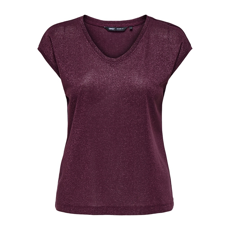 Only SILVERY SS V NECK LUREX TOP JRS NOOS